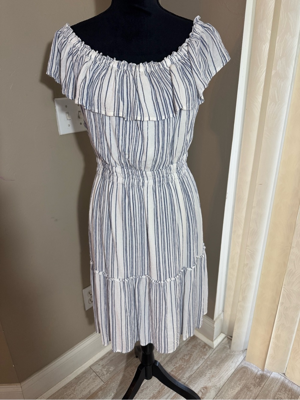 Tommy Bahama White and Blue Striped Off-Shoulder Midi Dress